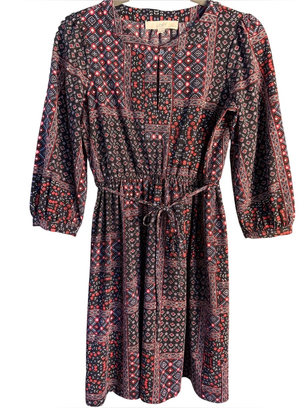 LOFT Petites XSP Patchwork Print Fit & Flare Dress 3/4 Sleeve Boho